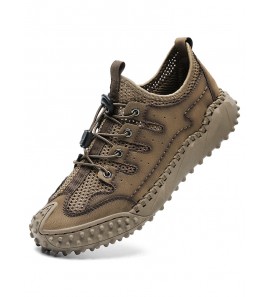 Men Hand Stitching Cowhide Elastic Band Breathable Non Slip Casual Shoes