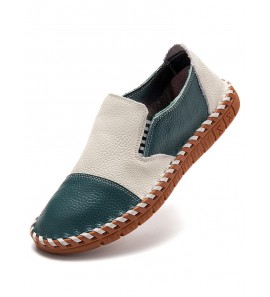 Men Genuine Cow Leather Hand Stitching Color Blocking Slip On Casual Loafers