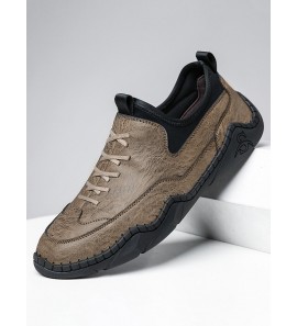 Men Comfort Round Toe Soft Slip On Hand Stitching Leather Driving Loafers