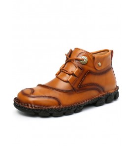 Men Cow Leather Hand Stitching Non Slip Soft Sole Casual Ankle Boots